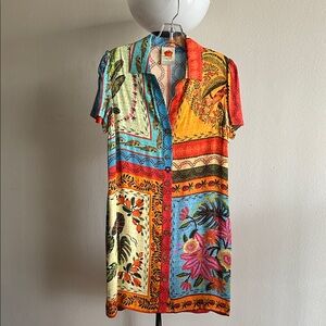 FARM Rio Multicolor Patchwork Midi Dress in Turquoise, Yellow & Coral